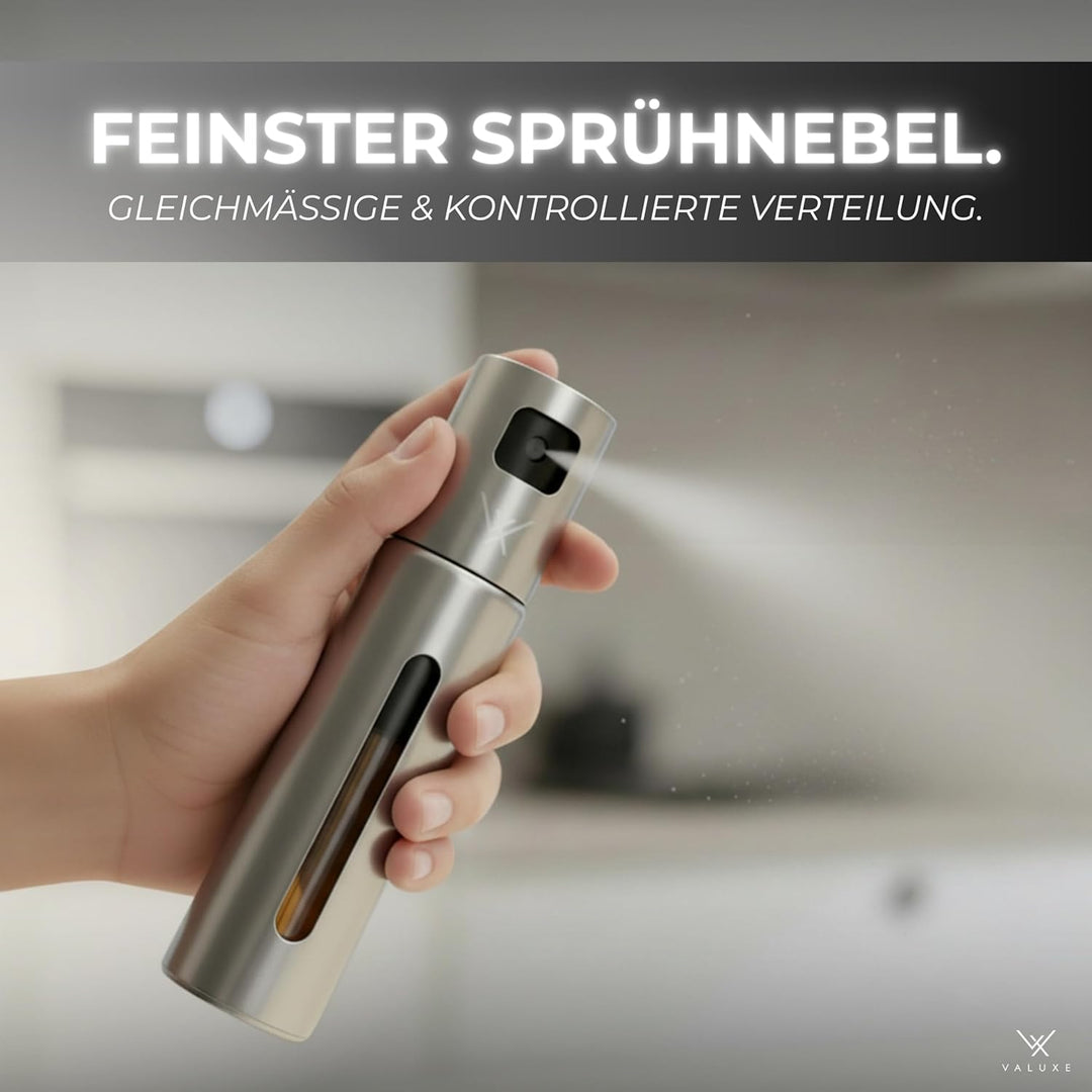 VALUXE® Ölsprüher für Speiseöl & Essig mit UV-Edelstahlmantel & Sprühfilter - Edelstahl Öl-Sprühflas