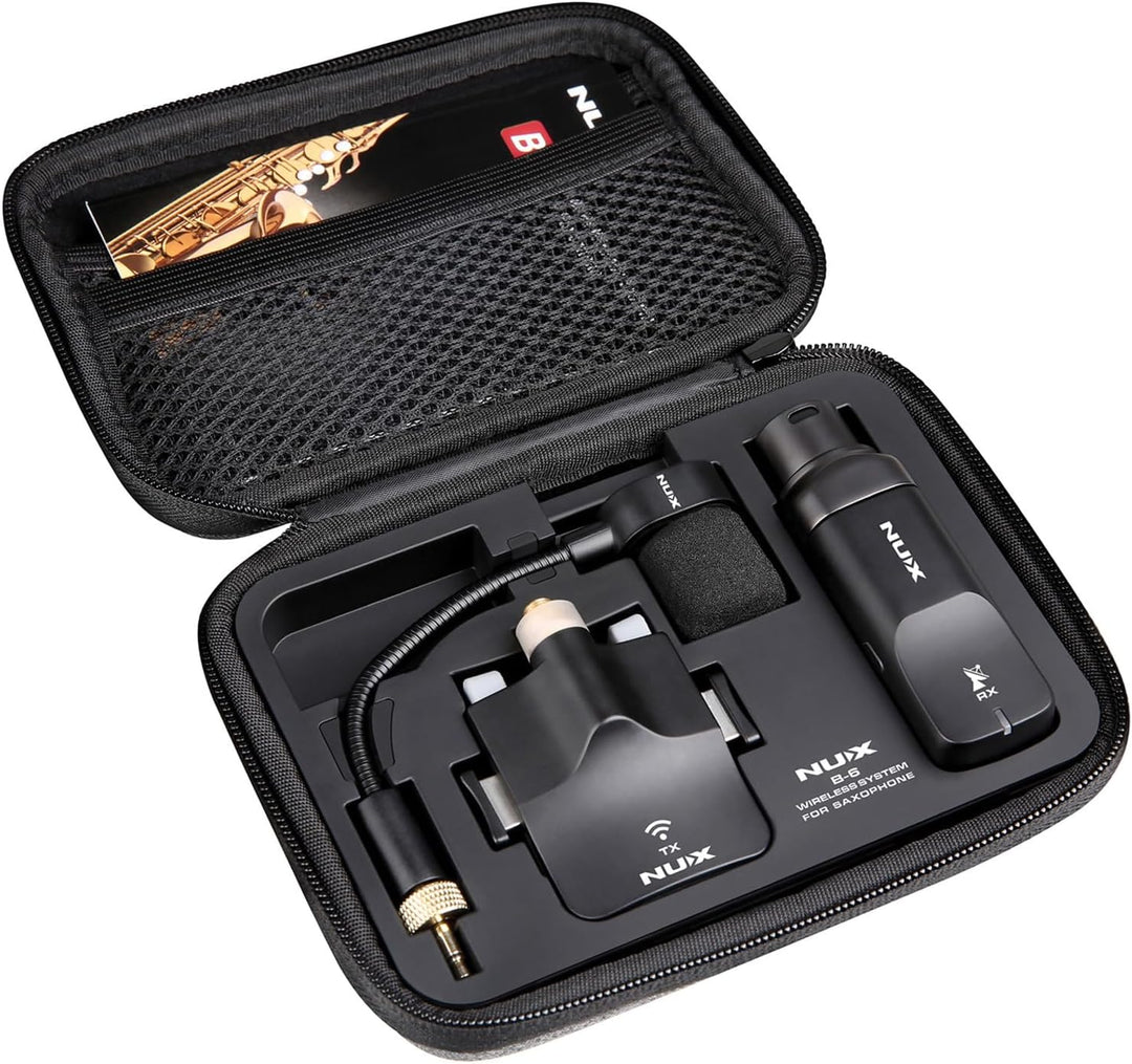 NU-X | B-6 Kabelloses Saxophon-Mikrofonsystem - 2,4 GHz Clip-On-Sender mit Schwanenhalsmikrofon und