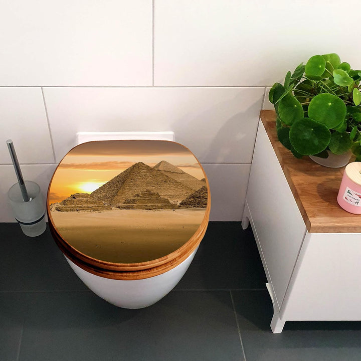 banjado® Design WC Sitz Bambus Absenkautomatik mit Motiv Pyramiden/Toilettendeckel mit Absenkautomat
