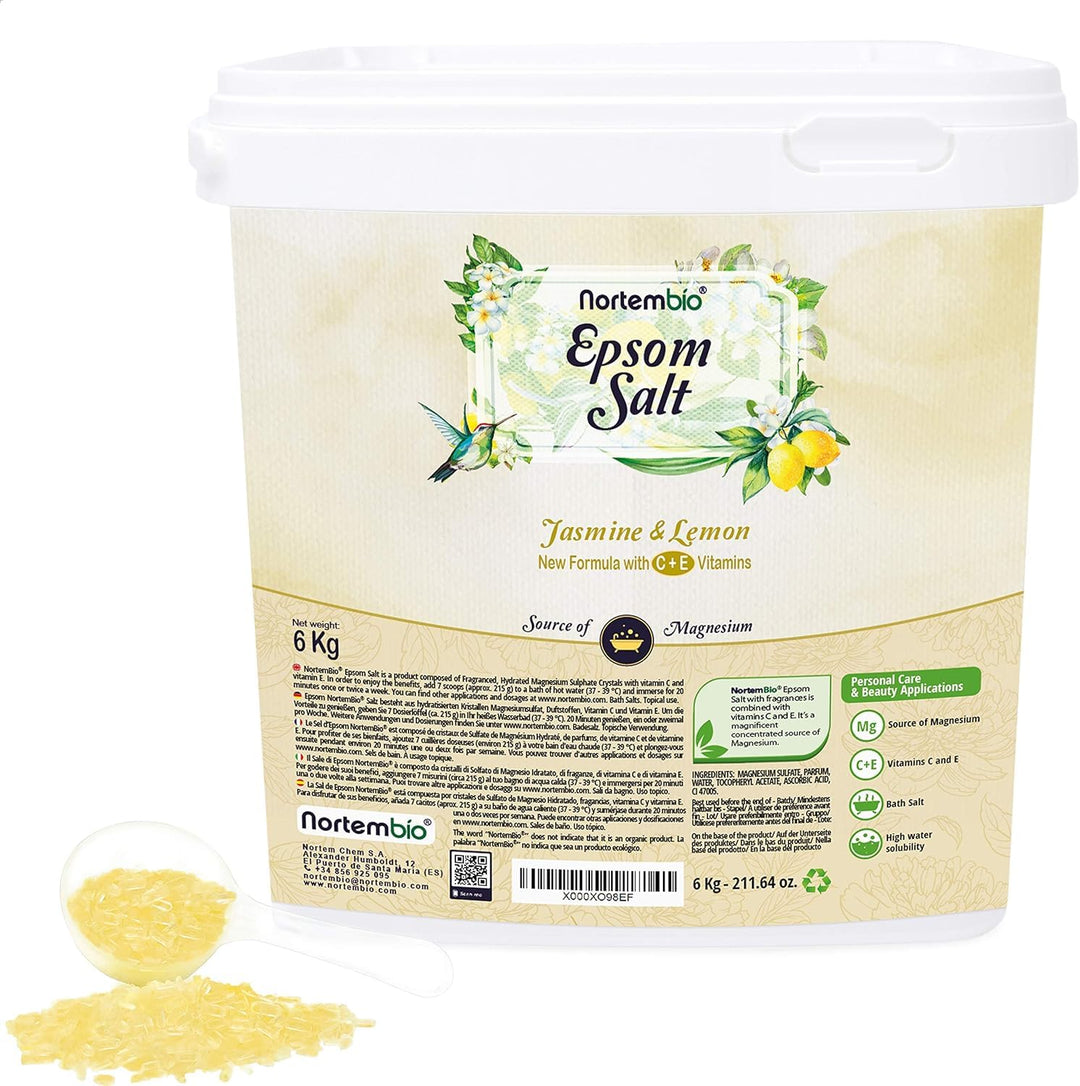 Nortembio Epsom Salz 6 Kg. Neuartigen Duft von Jasmin und Zitrone. Hydratisiert mit Vitamin C und E.