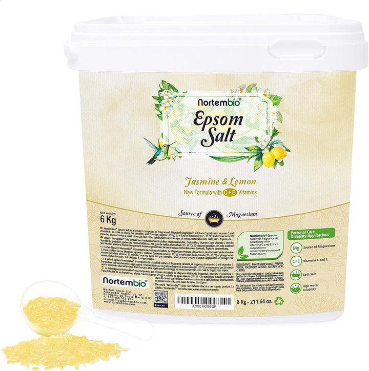 Nortembio Epsom Salz 6 Kg. Neuartigen Duft von Jasmin und Zitrone. Hydratisiert mit Vitamin C und E.