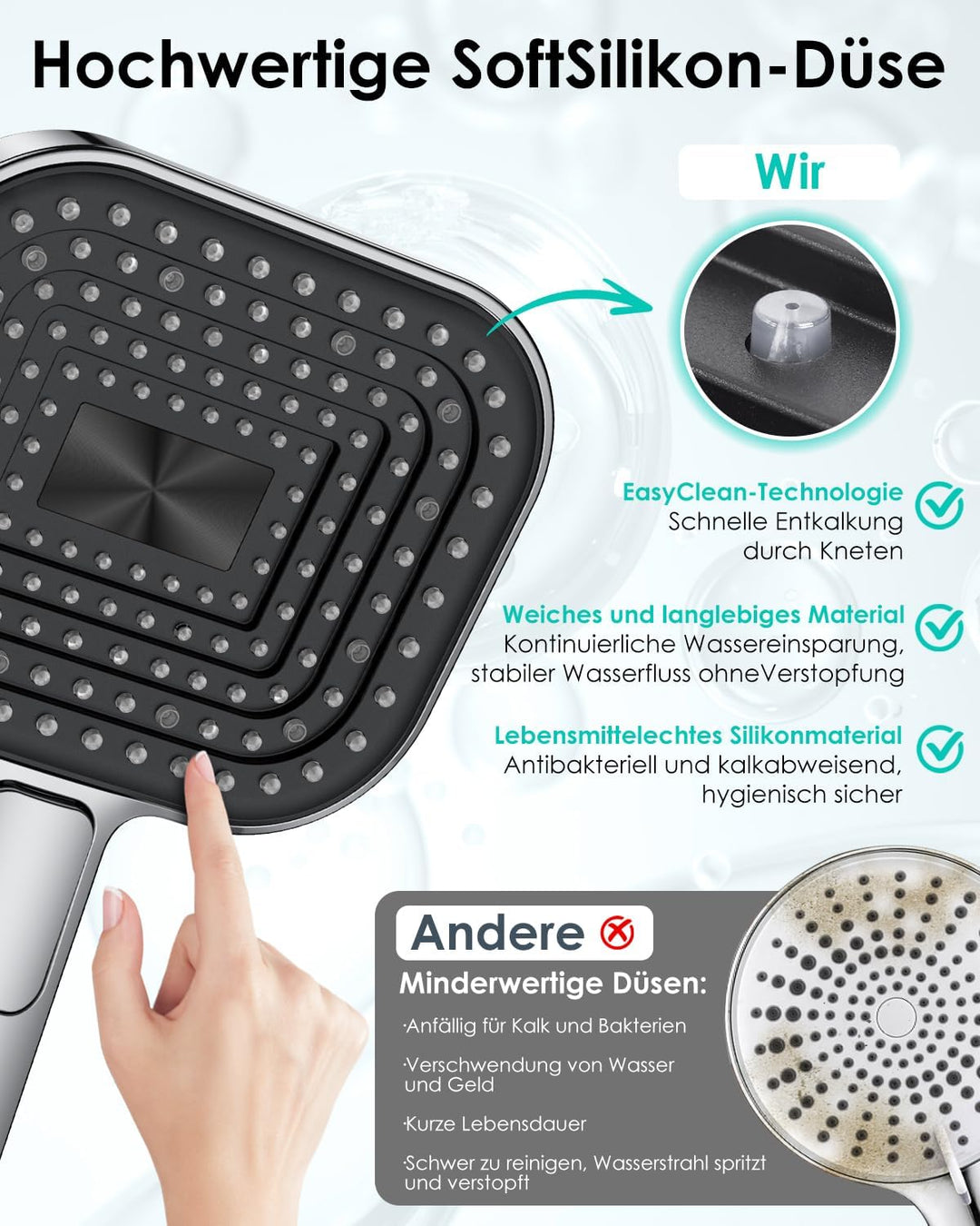 Duschkopf Wassersparend, Duschbrause Gross 135mm, Handbrause mit Antikalk-Funktion 【Lebensmittelecht