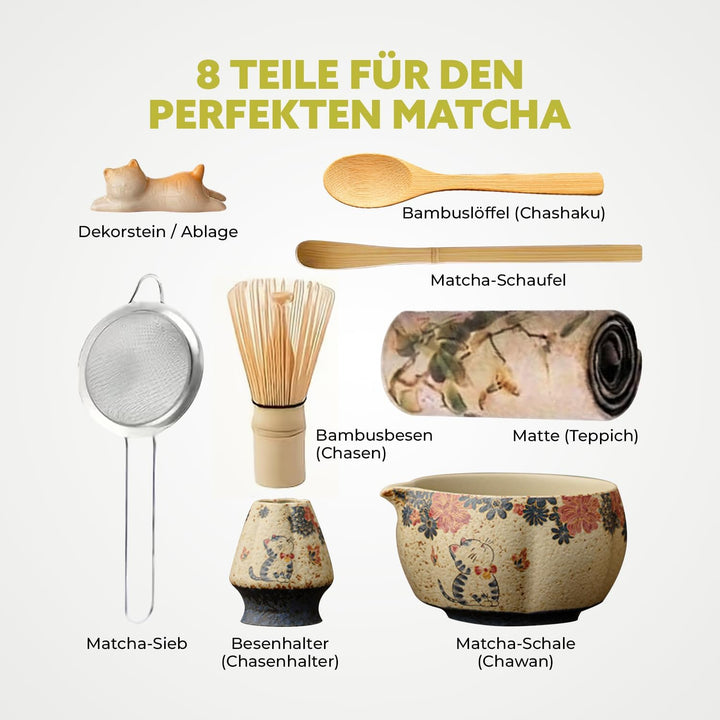 Matcha Set Japan 8-teilig – Premium Matcha Tee Set mit Keramik Schale, Bambus Chasen Besen & Halter,