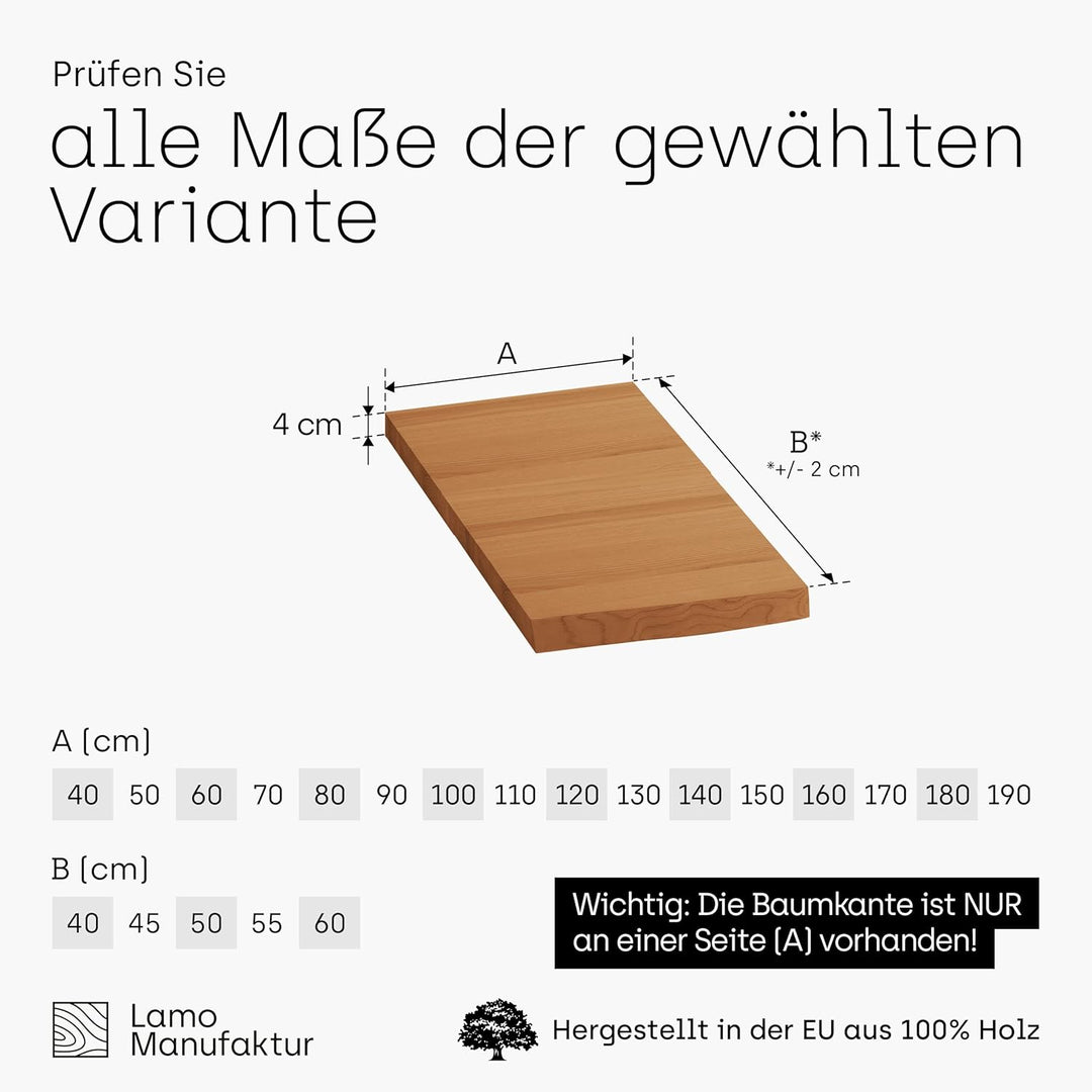 LAMO Manufaktur Waschtischplatte, Holzplatte Waschtisch Baumkante, 40x55 cm (AxB), Rustikal, ohne Mo