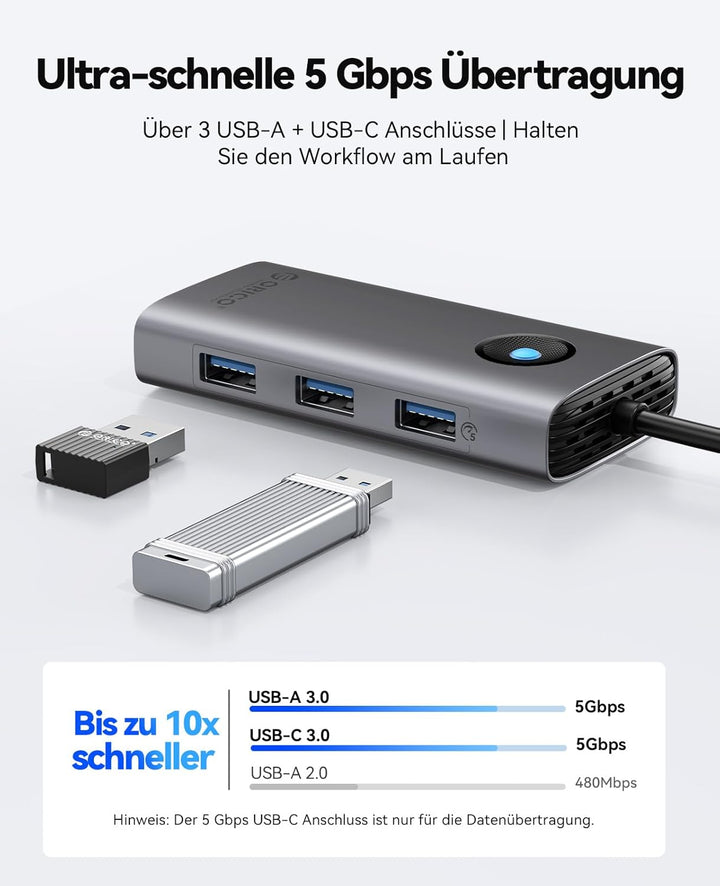 ORICO Docking Station, 6 in 1 USB C Hub Dock mit HDMI 4K+PD100W+4×USB3.0, USB 3.0 Hub Multiport Adap