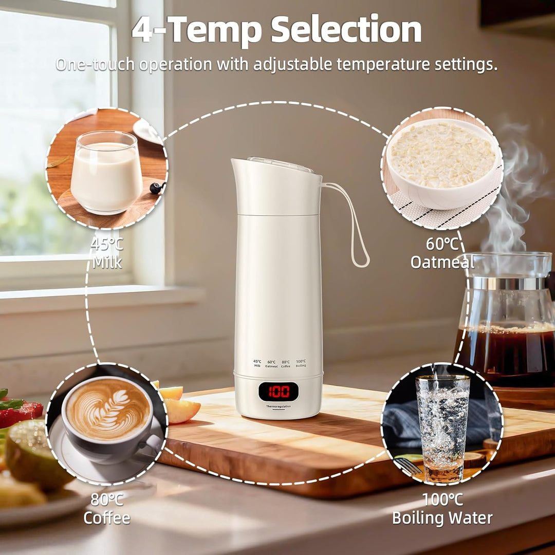 Elektrischer Reisewasserkocher Klein 400ml, Mini Wasserkocher mit 4 Temperatureinstellung, Tragbarer