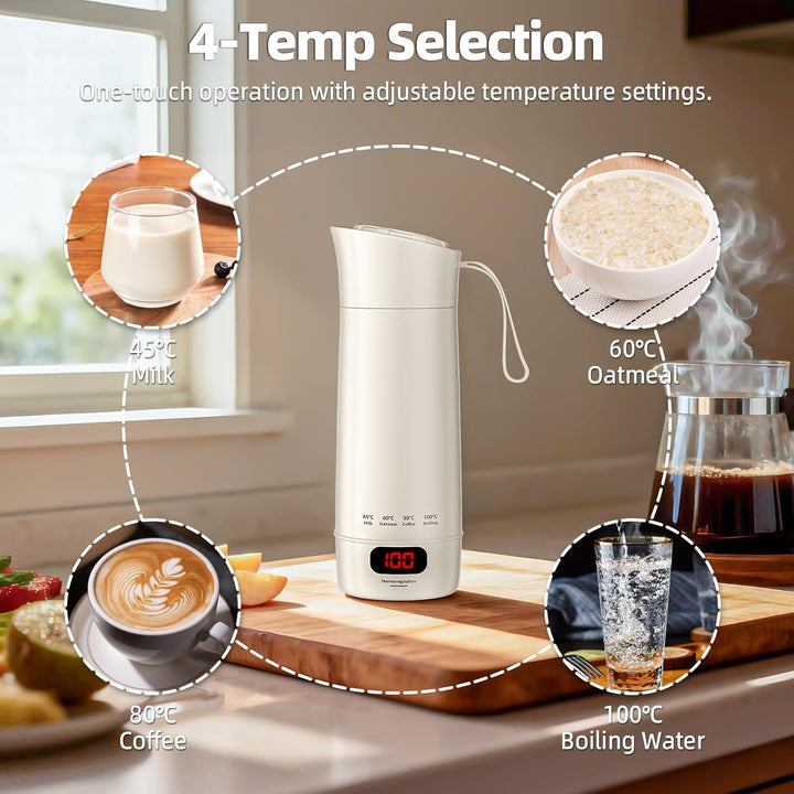 Elektrischer Reisewasserkocher Klein 400ml, Mini Wasserkocher mit 4 Temperatureinstellung, Tragbarer