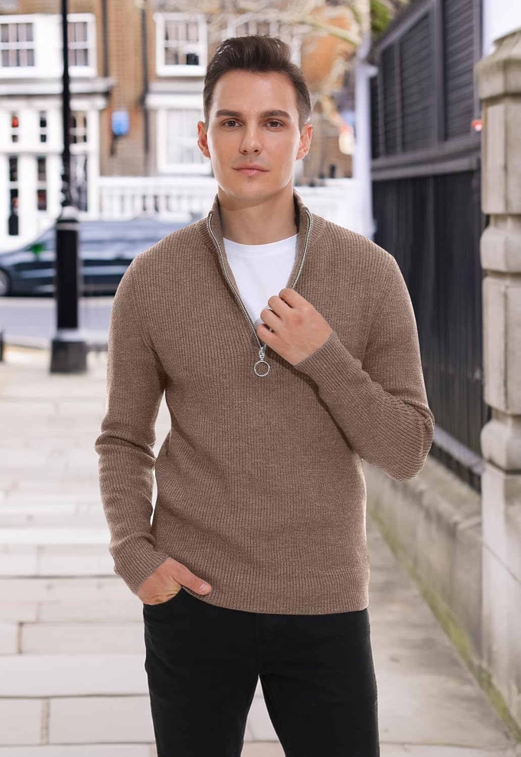 Hisir Pullover Herren Strickpullover 1/4 Zip Pulli Männer, Bequem Weich Warmer Winter Pullover für M