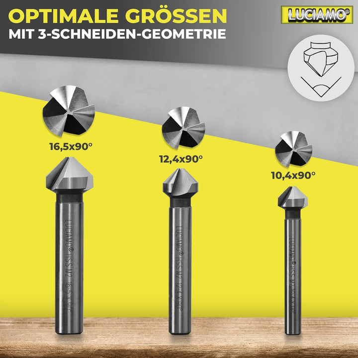 3 Stück 90° Profi Senker Set HSS M2 (6542) - Extra präzise für Holz, Metall und Kunststoff - ein Mus