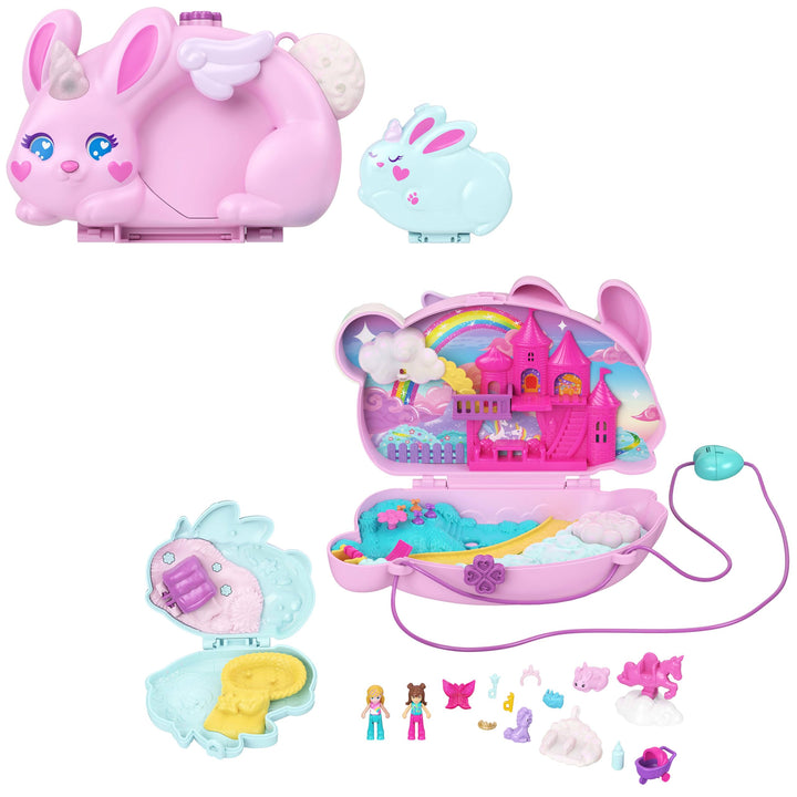 Polly Pocket tragbares Reisespielzeug mit 2 Mikropuppen und 12 Zubehörteilen inklusive Tieren, 2-in-