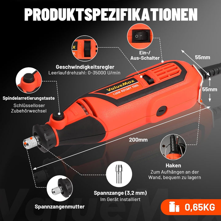 ValueMax Multifunktionswerkzeug 130W, Rotationswerkzeug mit 120 Zubehör, mini Graviergerät 5 Variabl