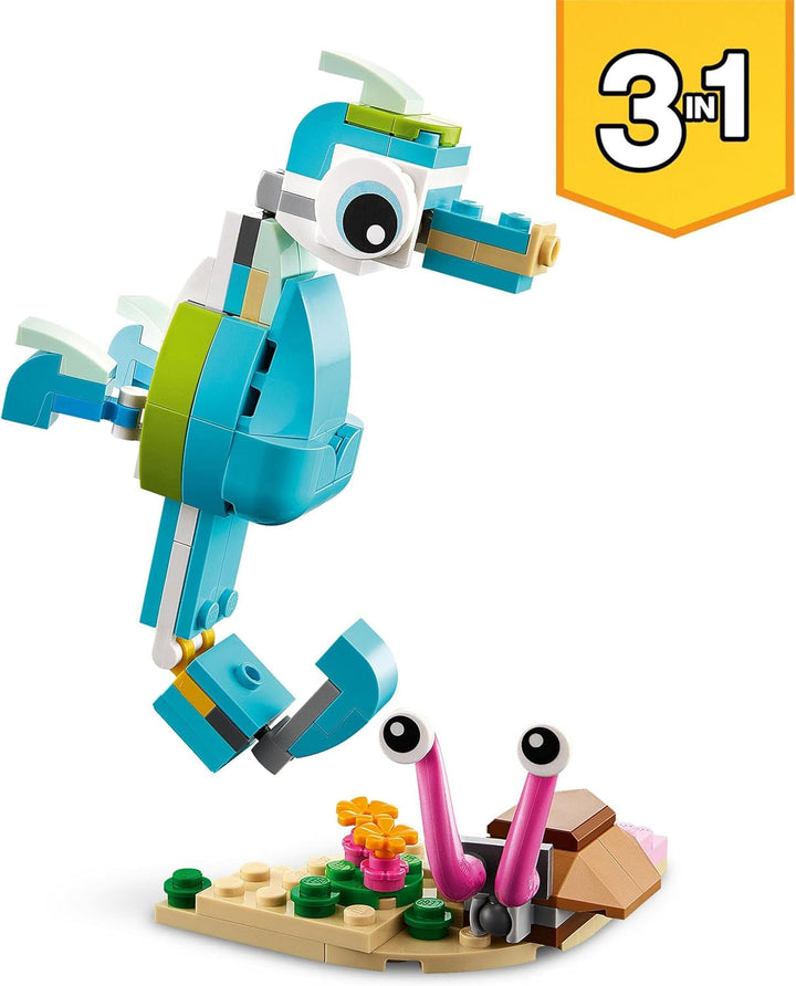 LEGO 31128 Creator 3-in-1 Delfin und Schildkröte, Seepferdchen, Fisch, Meerestieren-Figuren, Spielze