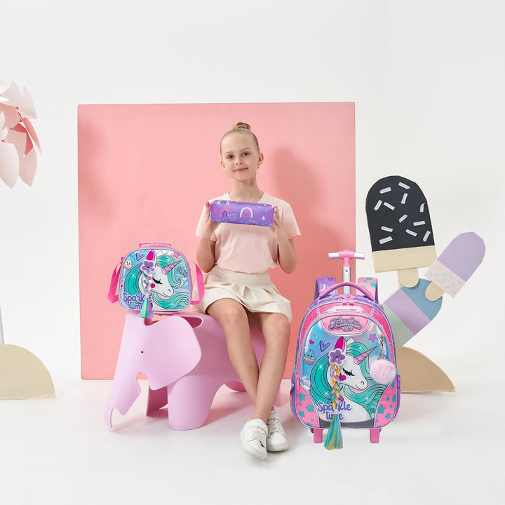 HTgroce Trolley Rucksack Mit Rollen, Federmäppchen, Lunch Tasche 3 in 1 Leicht Rolling Schulranzen f
