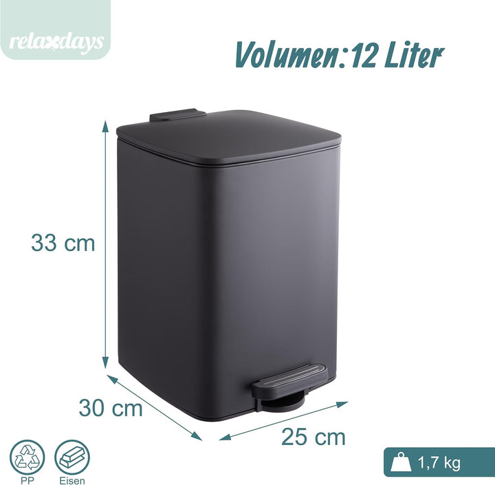 Relaxdays Mülleimer Küche, 12 Liter, Absenkautomatik, entnehmbarer Inneneimer, Mattes Metall, eckige