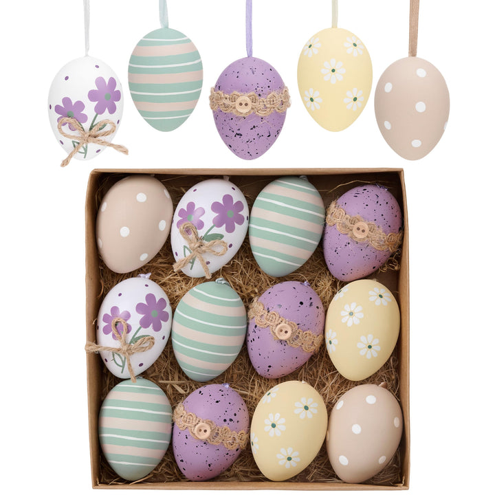 Valery Madelyn 12er Ostereier zum Aufhängen für Osterdeko,6cm Modern Plastikeier für Ostern Deko,Vio