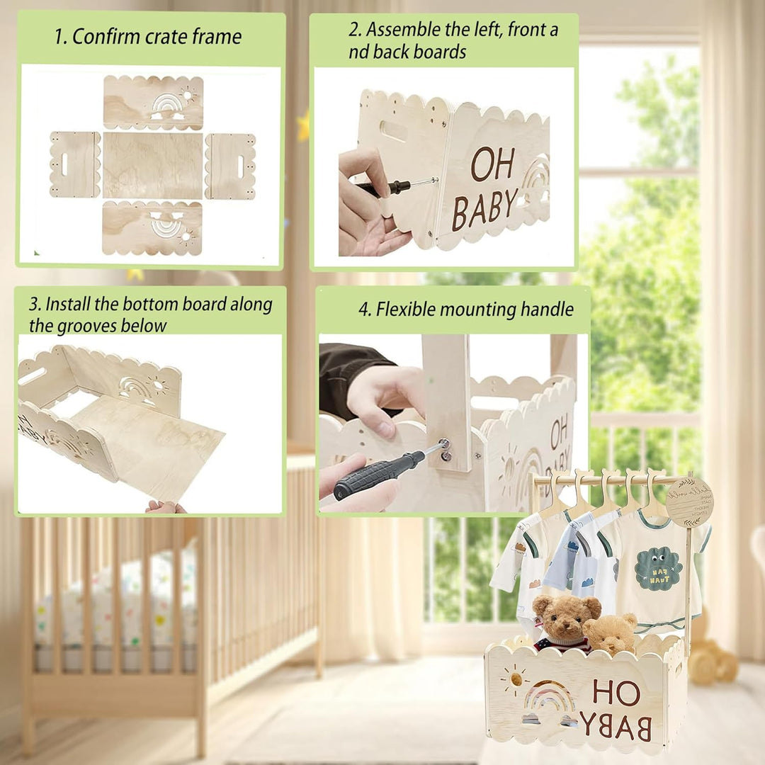 QSLKI Wooden Baby Gift Basket with Handle, Dekorative Baby Duschkorbe, Hohlmuster, Bequeme Aufnahme