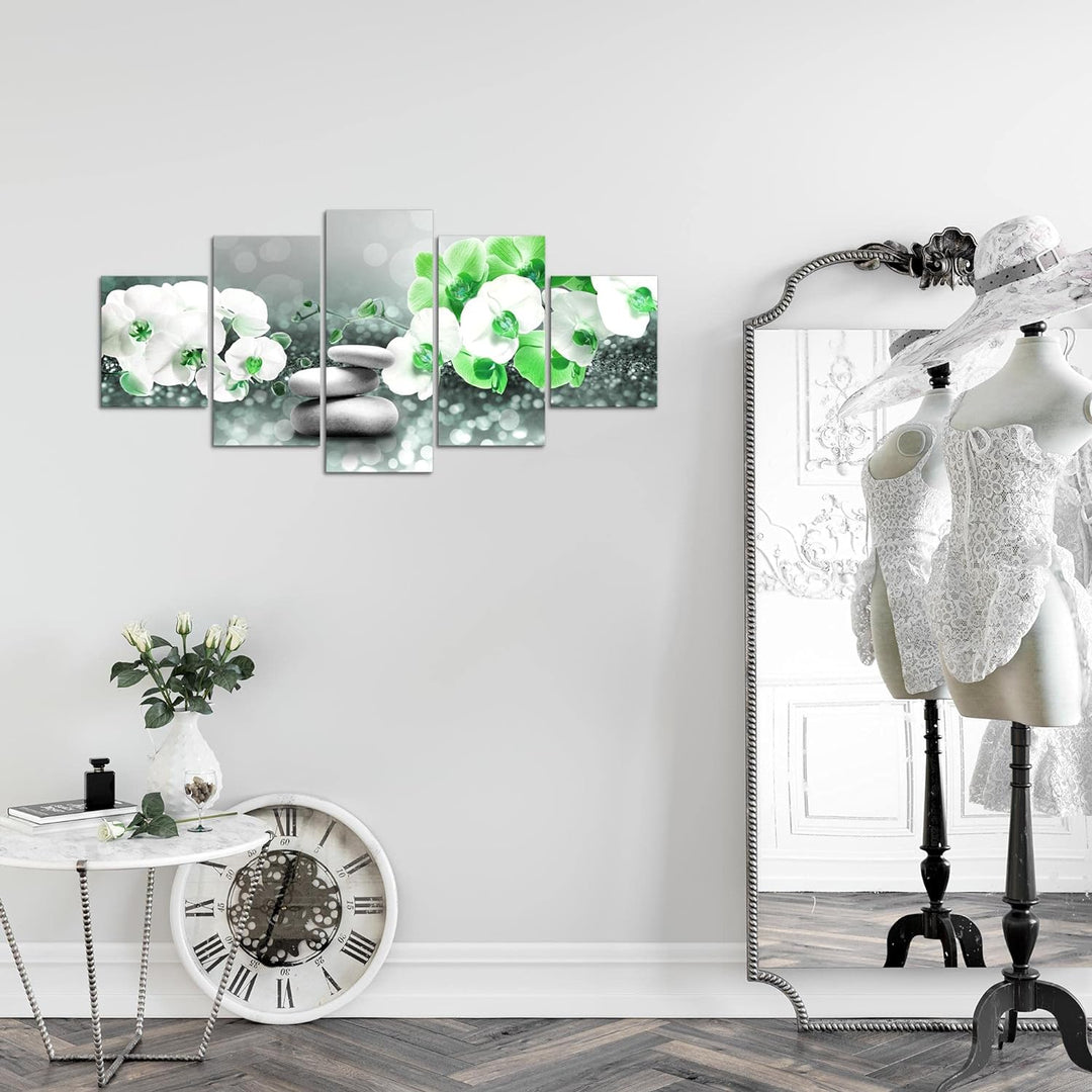 Runa Art Wandbilder Blumen Orchidee 5 Teilig Bild auf Vlies Leinwand Deko Wohnzimmer Spa Grau Türkis