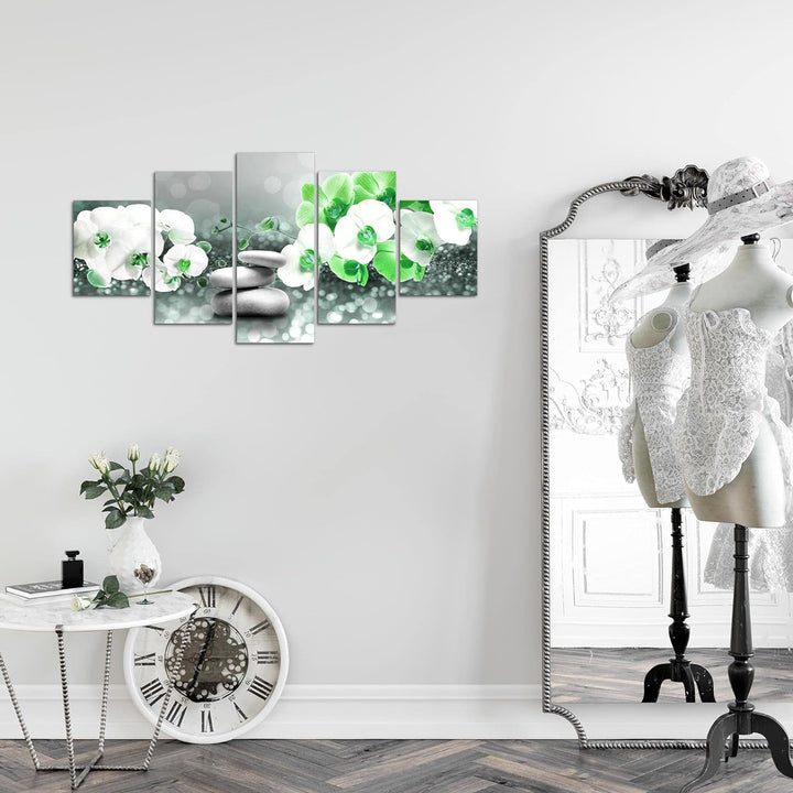 Runa Art Wandbilder Blumen Orchidee 5 Teilig Bild auf Vlies Leinwand Deko Wohnzimmer Spa Grau Türkis