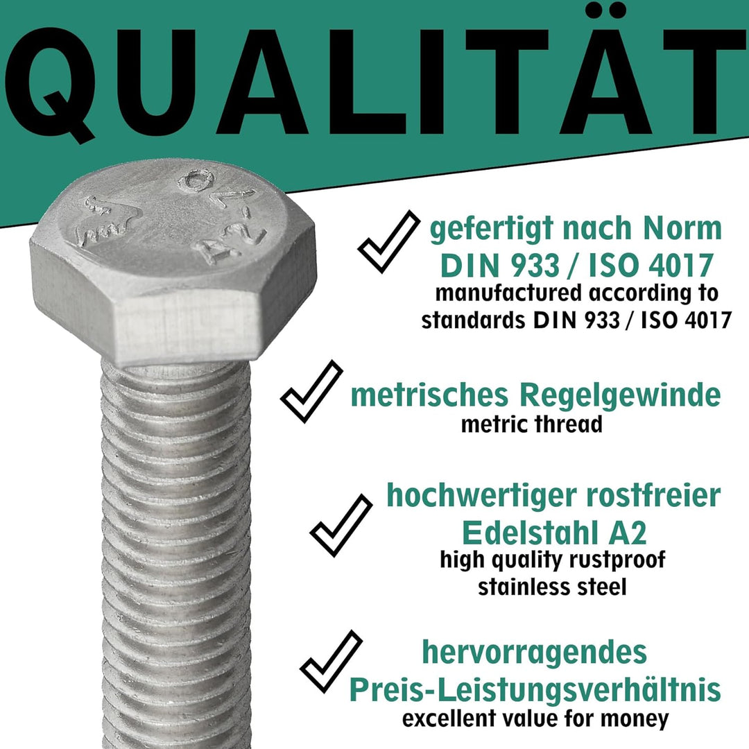 Sechskantschraube nach Norm DIN 933 / ISO 4017 rostfreier Edelstahl A2, V2A, Vollgewinde, Maschinens