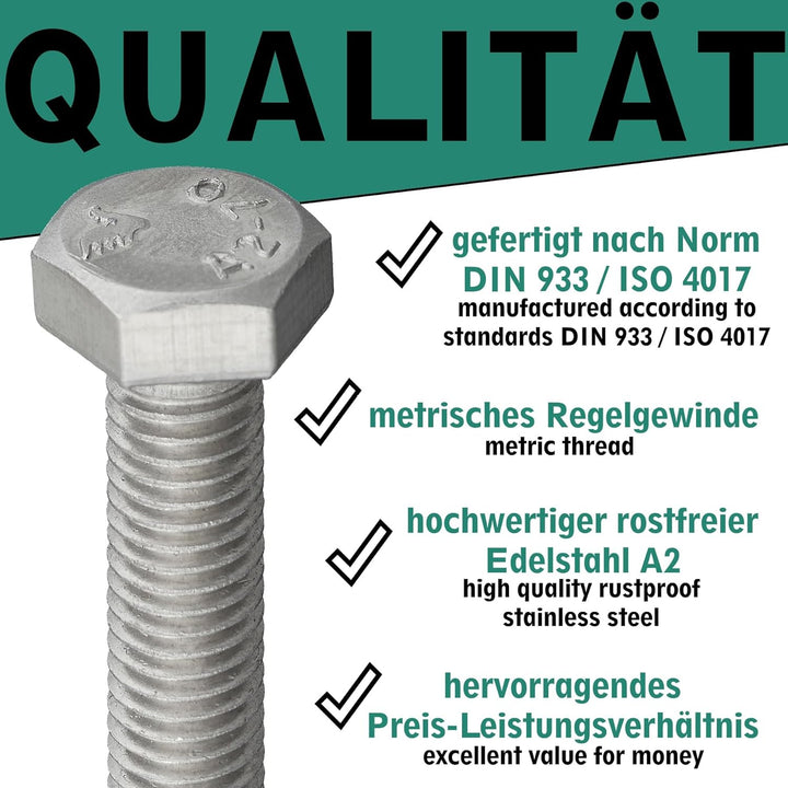 Sechskantschraube nach Norm DIN 933 / ISO 4017 rostfreier Edelstahl A2, V2A, Vollgewinde, Maschinens
