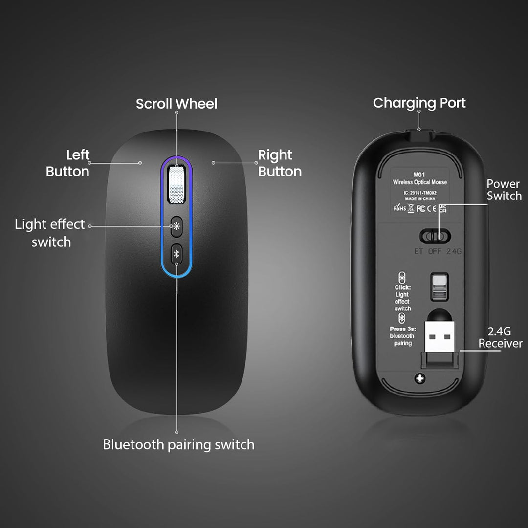 RaceGT Maus Aufladbar Kabellos Bluetooth 5.1 + USB 2,4 GHz LED Mouse Wireless Ergonomic Leise klick