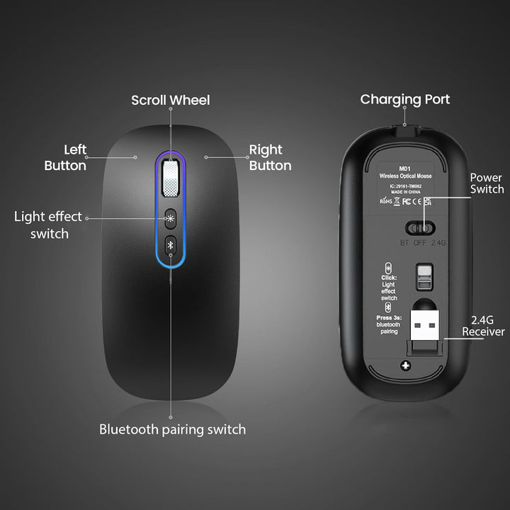 RaceGT Maus Aufladbar Kabellos Bluetooth 5.1 + USB 2,4 GHz LED Mouse Wireless Ergonomic Leise klick
