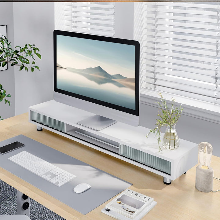 Fenge Dual Monitorständer 108cm Grosser Bildschirmständer mit 2 Glas-Schiebetür Höhenverstellbarer M