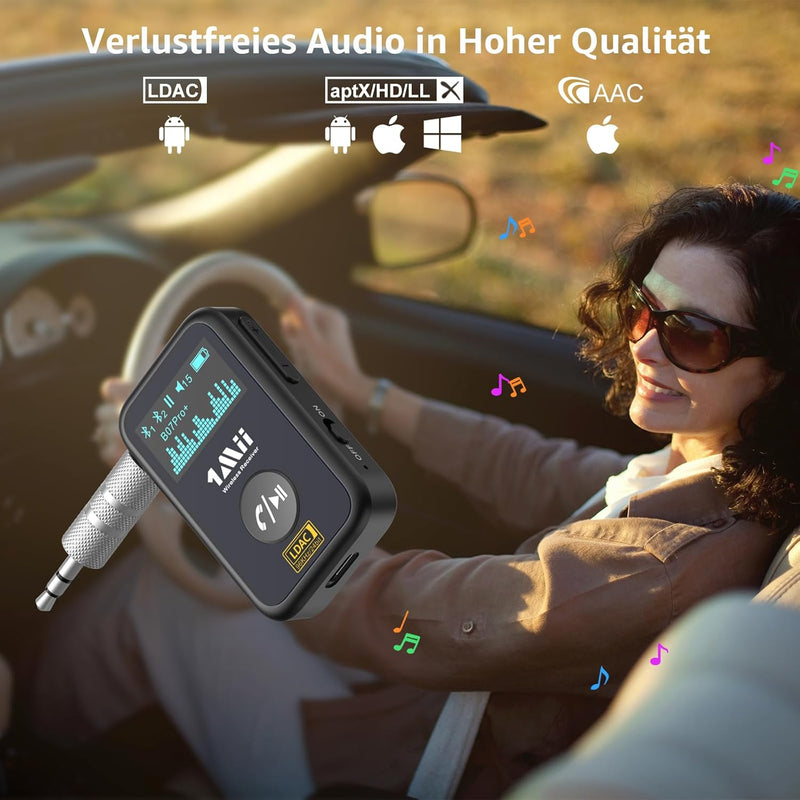 1Mii Aux Bluetooth Adapter Auto, Bluetooth 5.3 Empfänger mit LDAC, aptX-HD, OLED-Bildschirm, Dualer