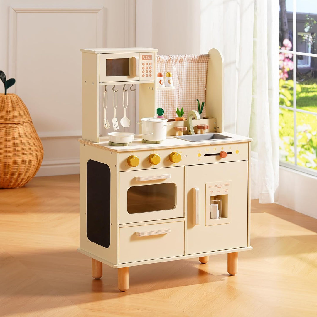 ROBUD Kinderküche aus Holz – Spielküche mit Kühlschrank, Eiswürfelspender, Backofen & Zubehör, Rolle
