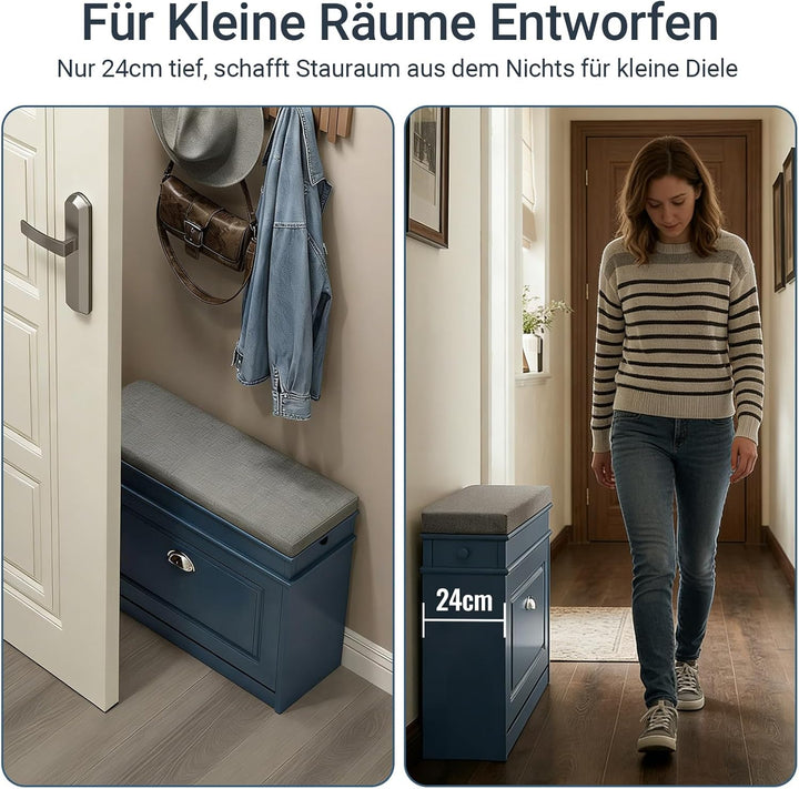 SoBuy Schuhbank mit Sitzkissen &amp; Klappe 60x52x24cm für Flur | Schuhschrank schmal mit Stauraum, bis