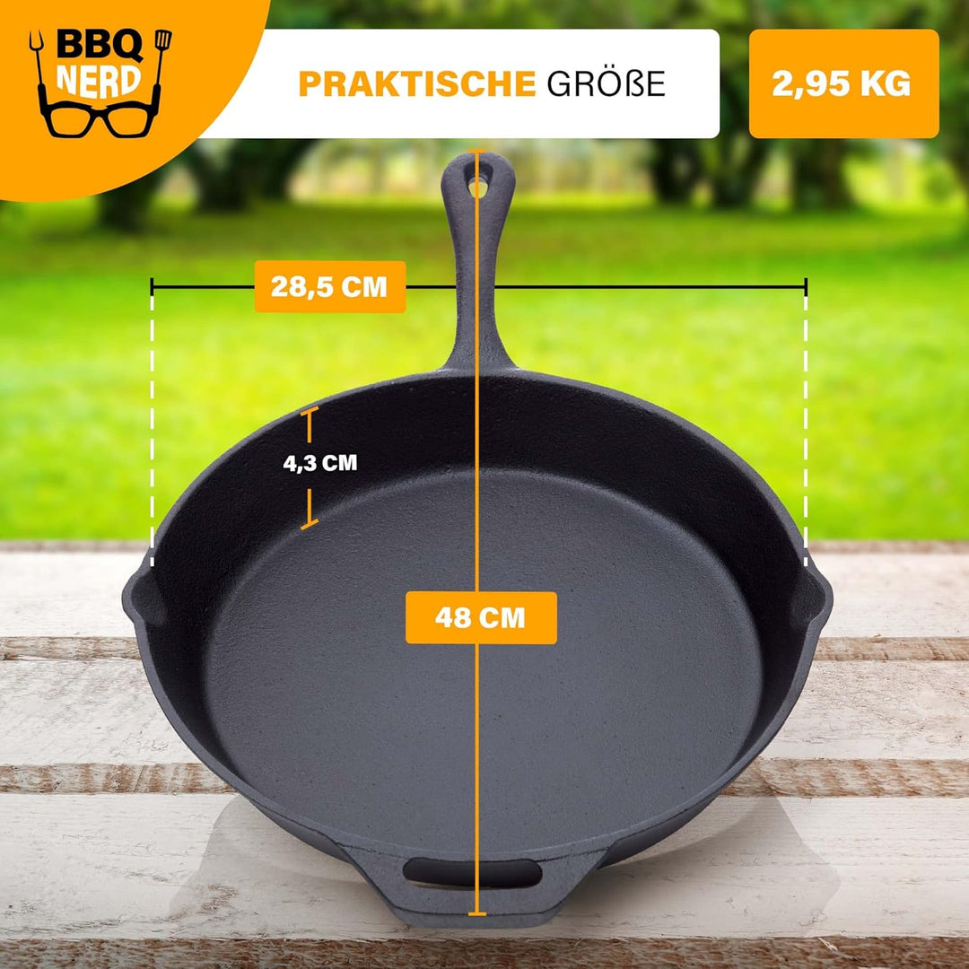 BBQ Nerd Grillpfanne Ø 25 cm 2600g mit Ausgiesser und Griff - Gusseisenpfanne zum Grillen, Rösten, A