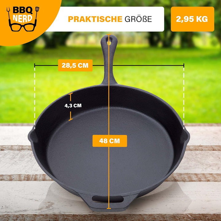 BBQ Nerd Grillpfanne Ø 25 cm 2600g mit Ausgiesser und Griff - Gusseisenpfanne zum Grillen, Rösten, A