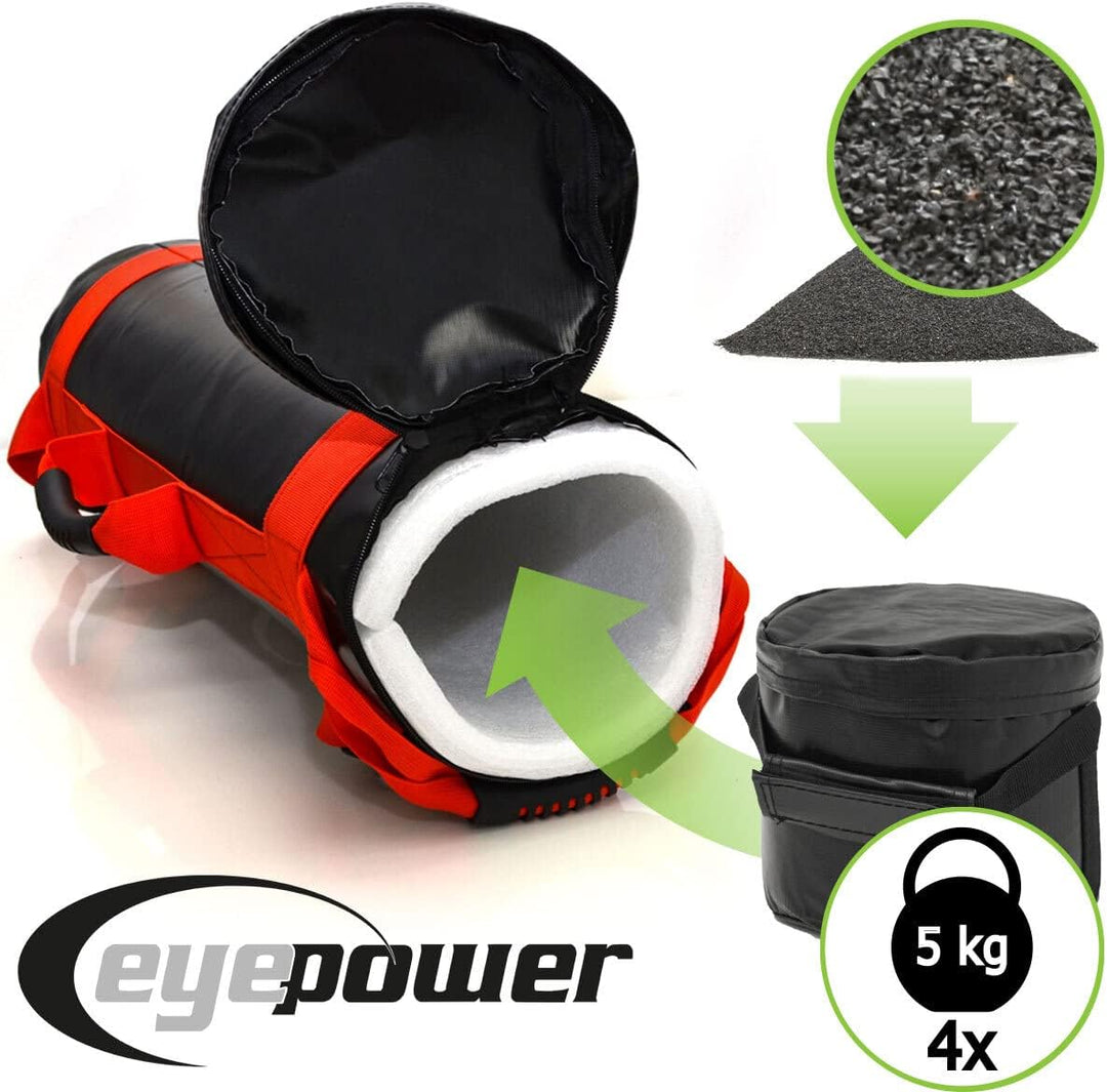 eyepower 20kg Profi Power Bag + 4 Wasserdichte Kettlebell Gewichte mit Eisensand - Besser als Geräte