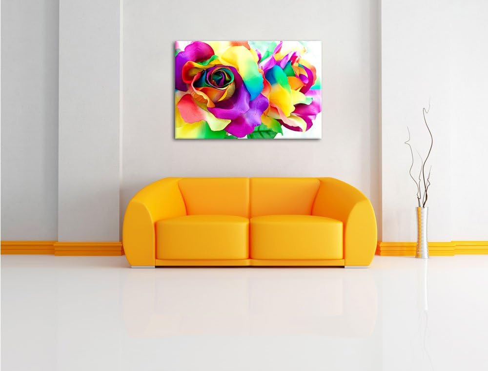 Kunterbunte Rosen Format: 100x70 auf Leinwand, XXL riesige Bilder fertig gerahmt mit Keilrahmen, Kun
