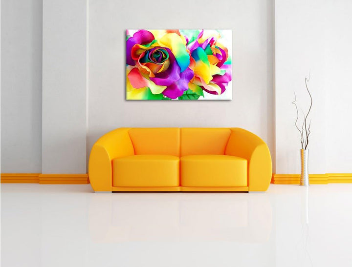 Kunterbunte Rosen Format: 100x70 auf Leinwand, XXL riesige Bilder fertig gerahmt mit Keilrahmen, Kun