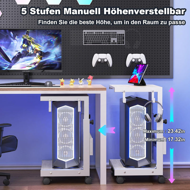 Höhenverstellbarer PC Ständer mit Rollen, 2 Haken, 2-stufig | Computer Tower Ständer, Druckerständer