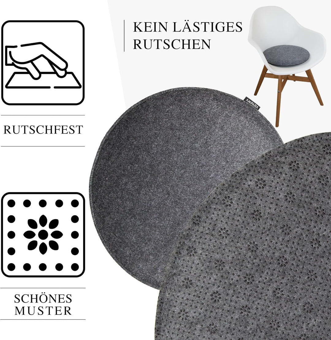 4er Set Stuhlkissen rund 33 cm - rutschfest &amp; Gemütlich - Sitzkissen Filz rund, Grau| für Stuhl, Ban