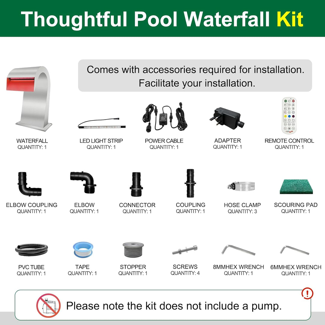 LONGRUN Pool Wasserfall Brunnen, 19x42.5x25cm Edelstahl Teich Wasserfall Überlauf mit 7 Farben LED,