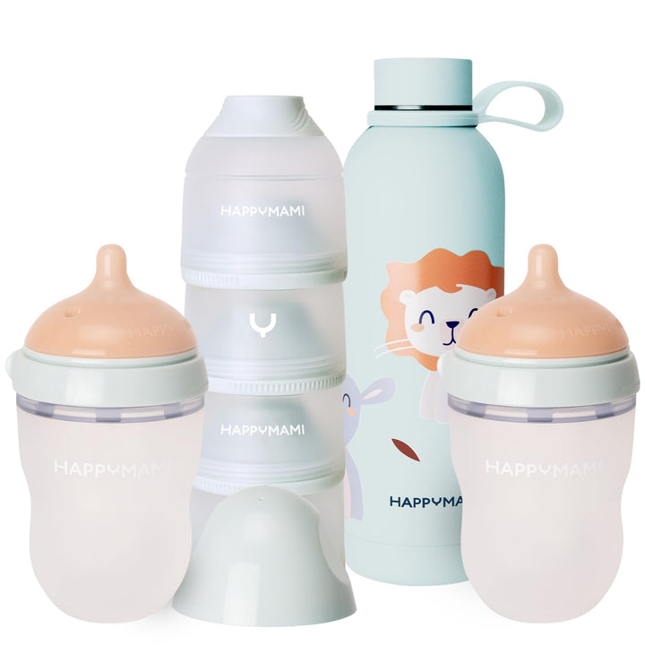 Set aus 2 personalisierbaren Babyflaschen in Brustform + Thermosflasche für Flüssigkeiten + Milchpul