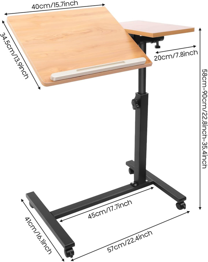 Laptoptisch höhenverstellbar, Beistelltisch mit Rollen, Laptopständer Holz, drehbar, Tisch für Bettl