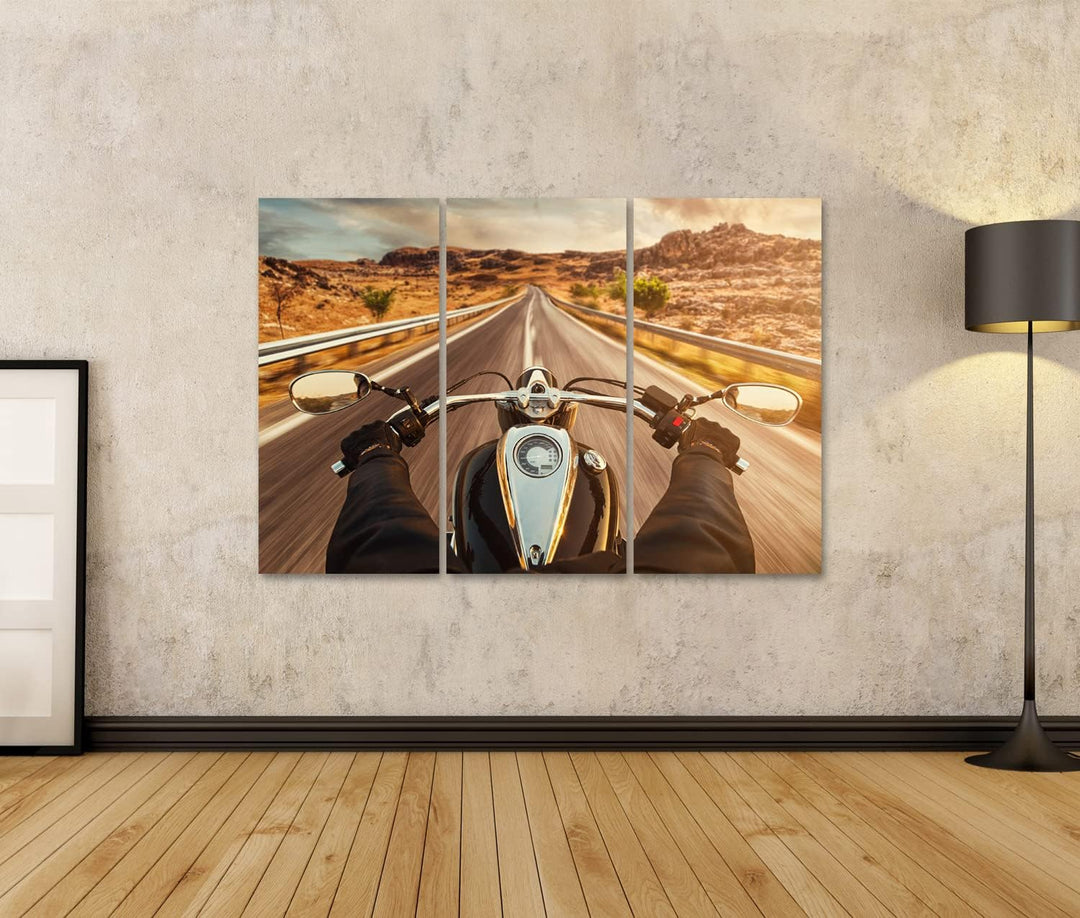 islandburner Bild auf Leinwand Motorrad Fahrer auf einsamen US Highway im Sonnenuntergang Bilder Wan