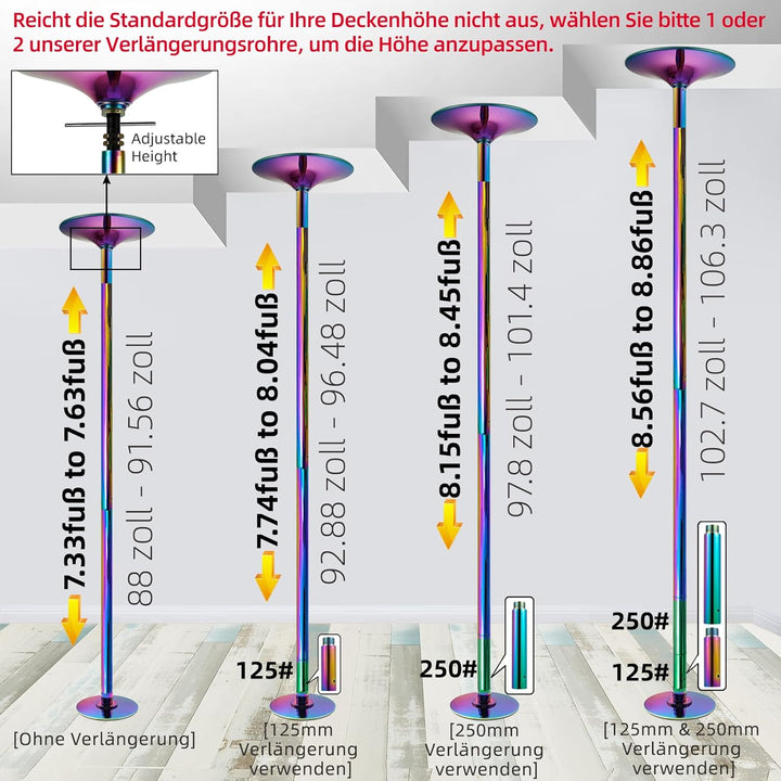 PRIOR FITNESS Pole Dance Tanzstange 45mm von 2,35 bis 2,74 m Höhenverstellbar,2 Modi: drehend/statis