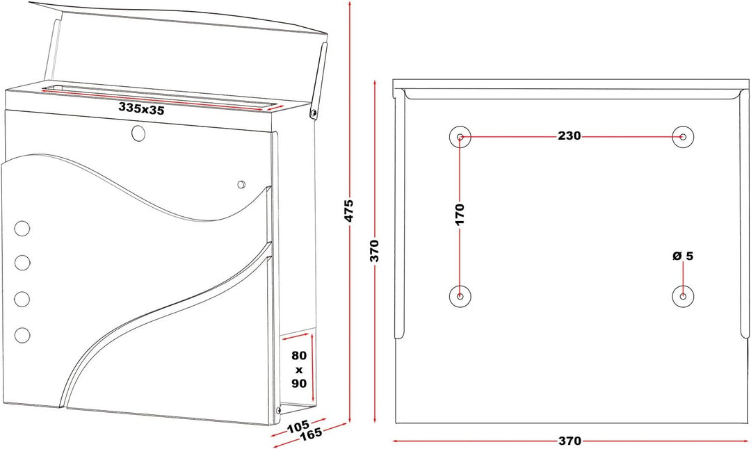 Wiltec Designer Briefkasten V31 weiss 370 x 105 x 370 mm, Wandbriefkasten mit Schloss, Sichtfenstern