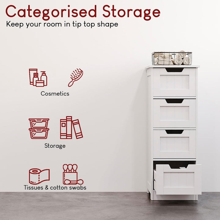 Bath Vida Badezimmerschrank mit 4 Schubladen, bodenstehende Aufbewahrungseinheit, Holz, weiss Priano