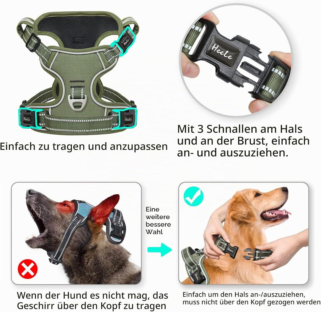 HEELE Hundegeschirr, Hundegeschirr für Grosse Hunde, Freigabe am Hals, Vorderseite Rückseite Clips H