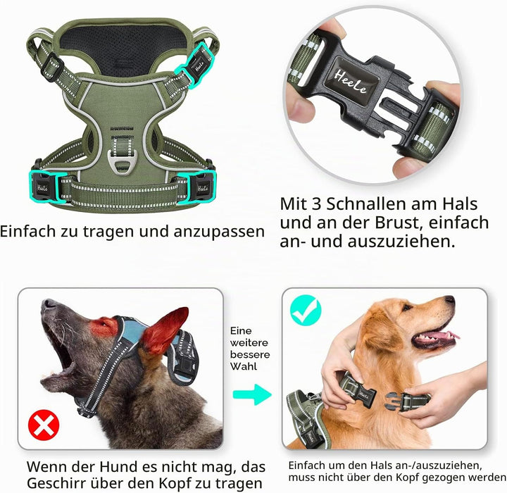 HEELE Hundegeschirr, Hundegeschirr für Grosse Hunde, Freigabe am Hals, Vorderseite Rückseite Clips H