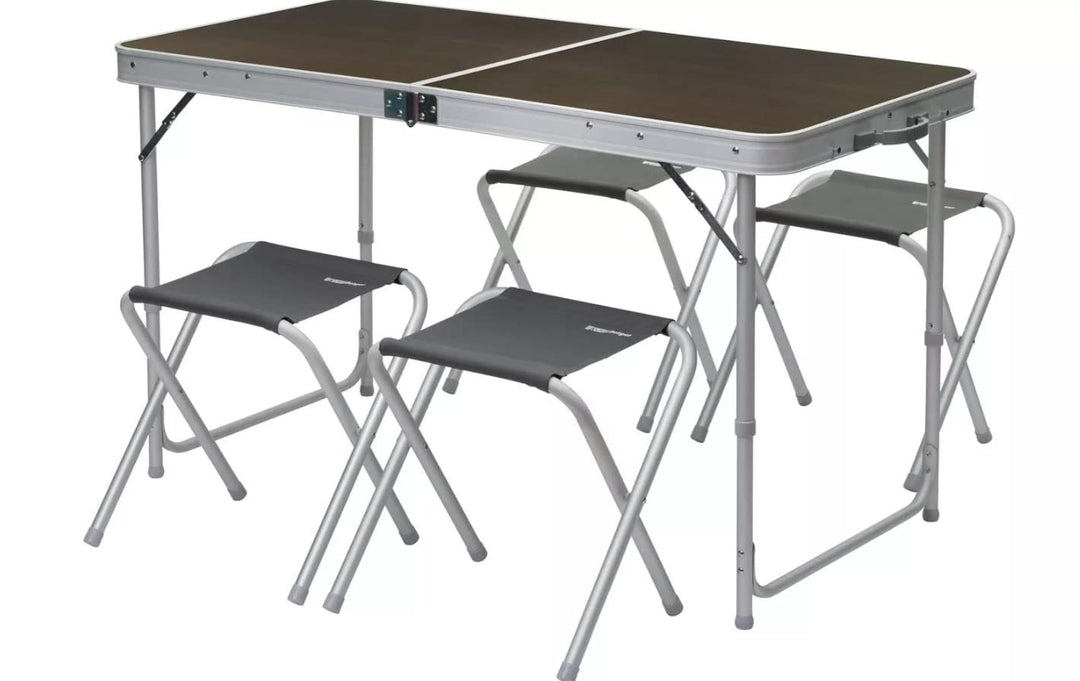 BERGER Solo Campingtisch Set mit 4 Hocker - 120 x 60 cm - höhenverstellbar - klappbar - Holzdekor -