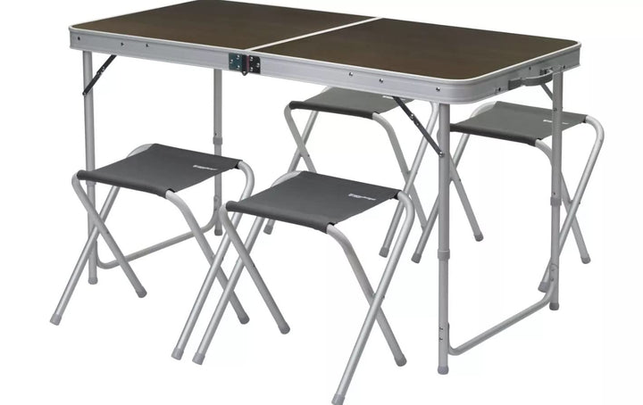 BERGER Solo Campingtisch Set mit 4 Hocker - 120 x 60 cm - höhenverstellbar - klappbar - Holzdekor -