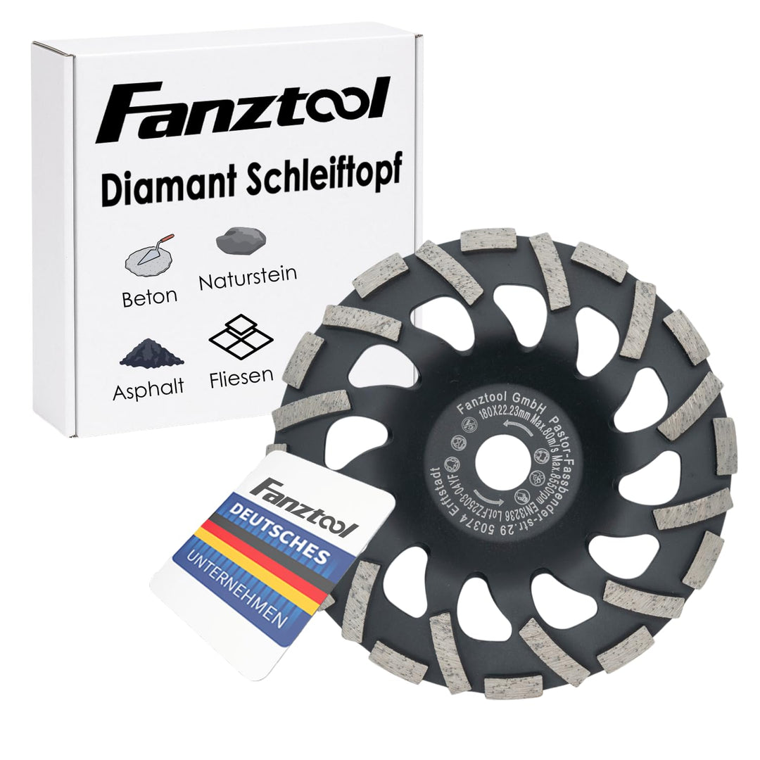 FANZTOOL Premium Diamant Schleiftopf Abrasiv 180 mm x 22,2 mm Schleifteller für abrasive Baustoffe,