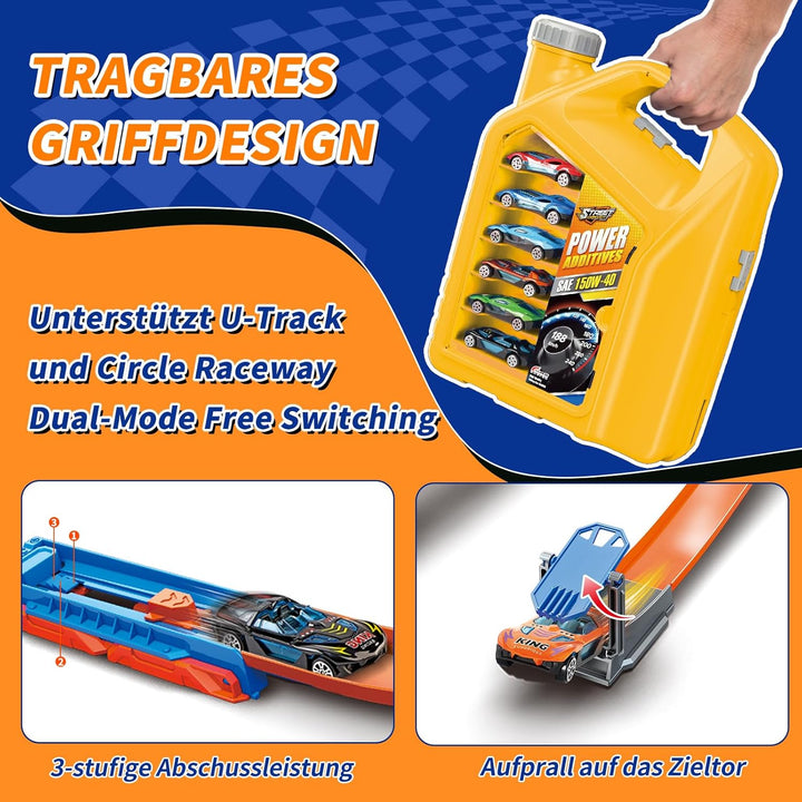 Autorennbahn für Kinder, Rennstrecke Auto Spielzeug mit 6 Autos, Aufbewahrungsbox, Auto Rennbahn Mit